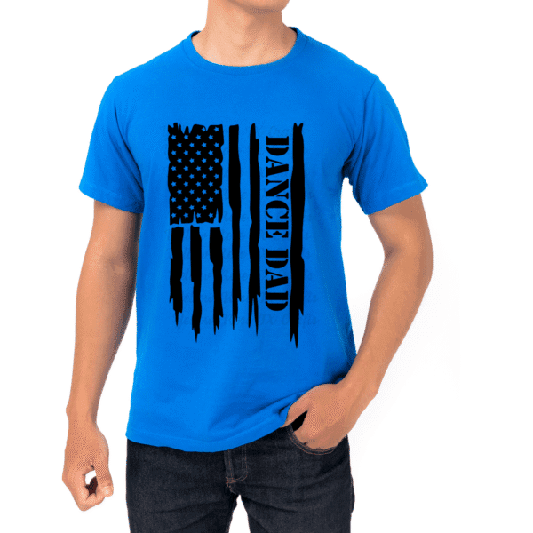dance dad t-shirt in royal blue with flag design