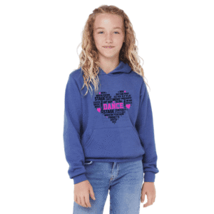 youth dance hoodie in heather royal with dance heart word cloud dance design