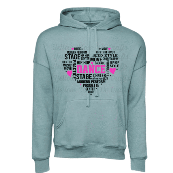 dance hoodie in heather blue lagoon with pink and black heart design