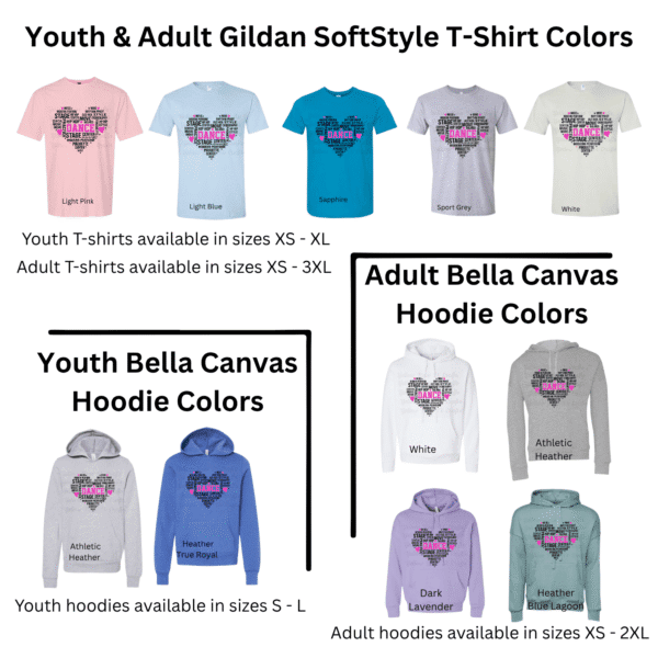 dance heart word cloud shirt and hoodie color options for youth and adults