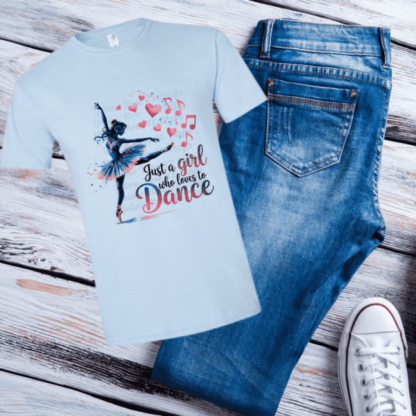 light blue youth dance shirt with ballerina hearts and music notes