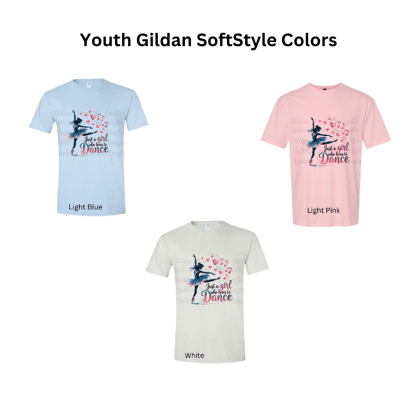 youth gildan softstyle dance shirts in light pink light blue and white