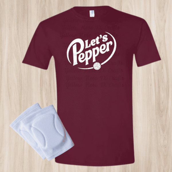maroon lets pepper volleyball shirt flat lay