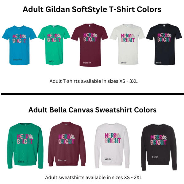tshirt and sweatshirt color and size chart for merry and bright shirt