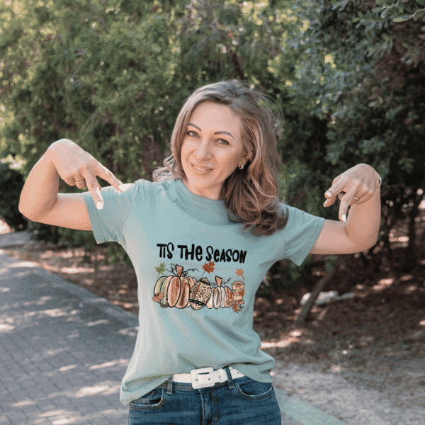 model wearing tis the season fall football pumpkin shirt