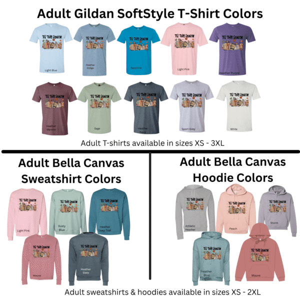 color, size, and style options chart for tis the season fall football pumpkin shirt