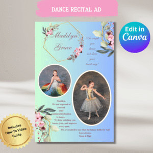 Elegant Floral Ballet Recital Program Template - 5.5 in wide x 8.5 in tall half page vertical- Style1