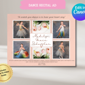 Editable Dance Recital Ad Template – pink tulip design with photo collage layout and Canva customization options.