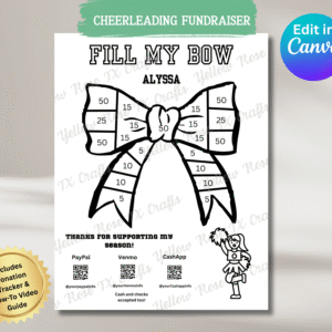 Editable Cheerleading Fundraiser Template – Fill My Bow design with donation amounts and Canva customization options.