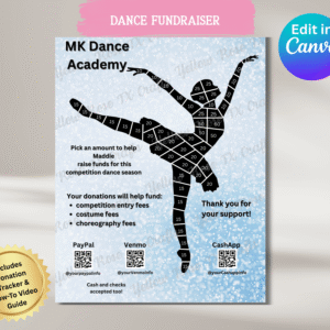 Editable Help My Dancer Fundraiser Template – light blue background with donation tracker and dancer silhouette.