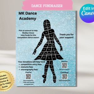 Canva dance fundraiser template with QR payment options and editable text.