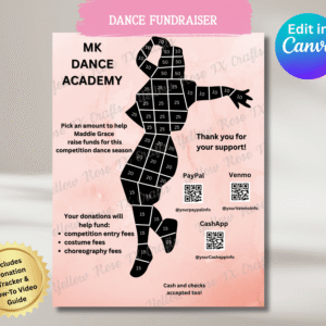 Hip hop dancer fundraiser Canva template with QR codes for PayPal, Venmo, and CashApp.