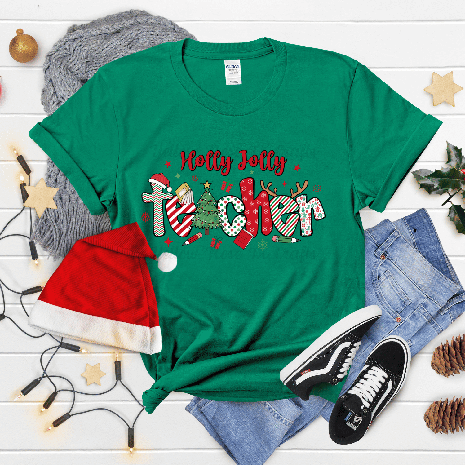 Holly Jolly Teacher Christmas shirt mockup on green shirt – cute Christmas teacher graphic tee for holiday outfits.
