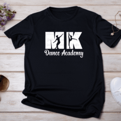 black MK Dance Academy shirt with white dancer silhouettes